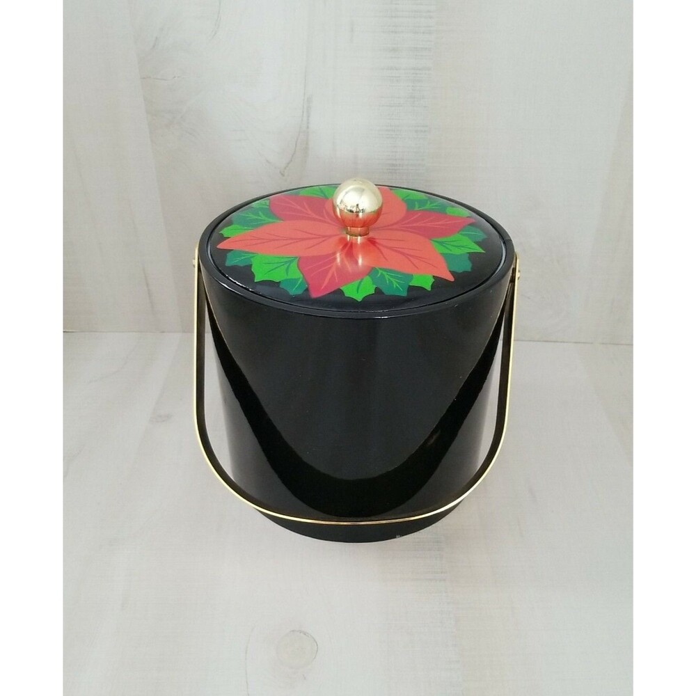 Vintage Georges Briard black Poinseeta lid Ice bucket 3qt Used